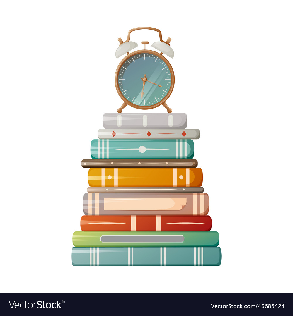 Stack of books with alarm clock vector image Stack of books with alarm clock