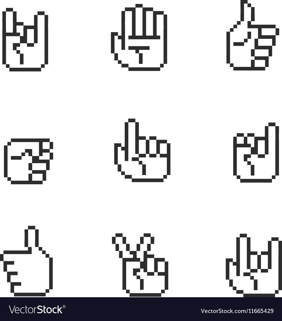 Pixel art 8 bit hands icons and gestures signs set