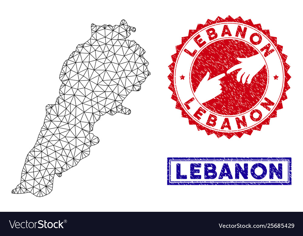 Polygonal wire frame lebanon map and grunge stamps