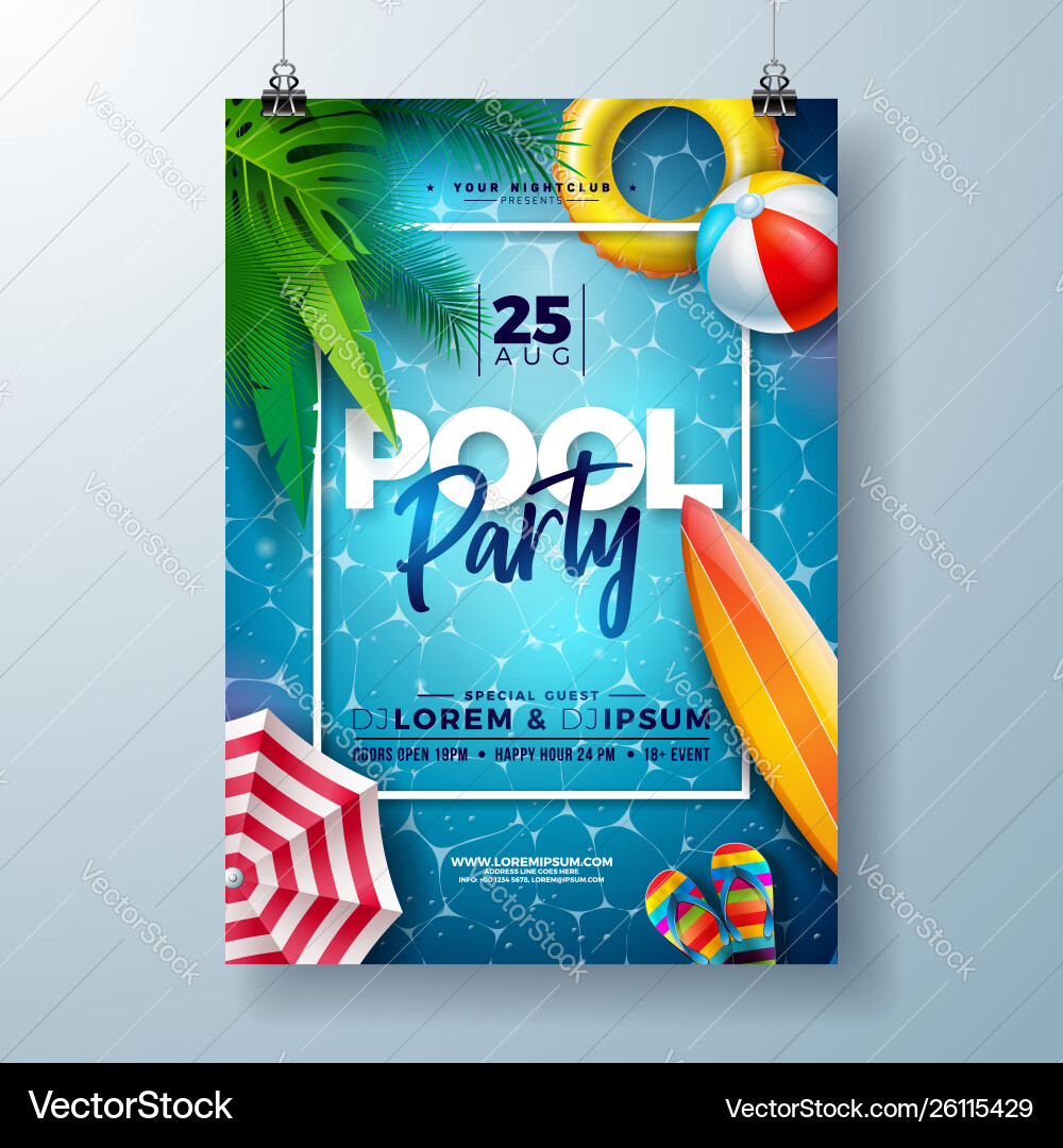 Summer Pool Party Poster Design Template With Palm