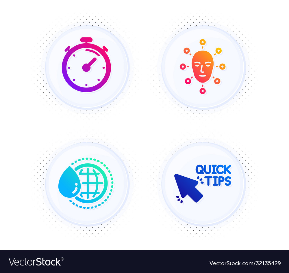 Timer world water and face biometrics icons set vector image Timer world water and face biometrics icons set