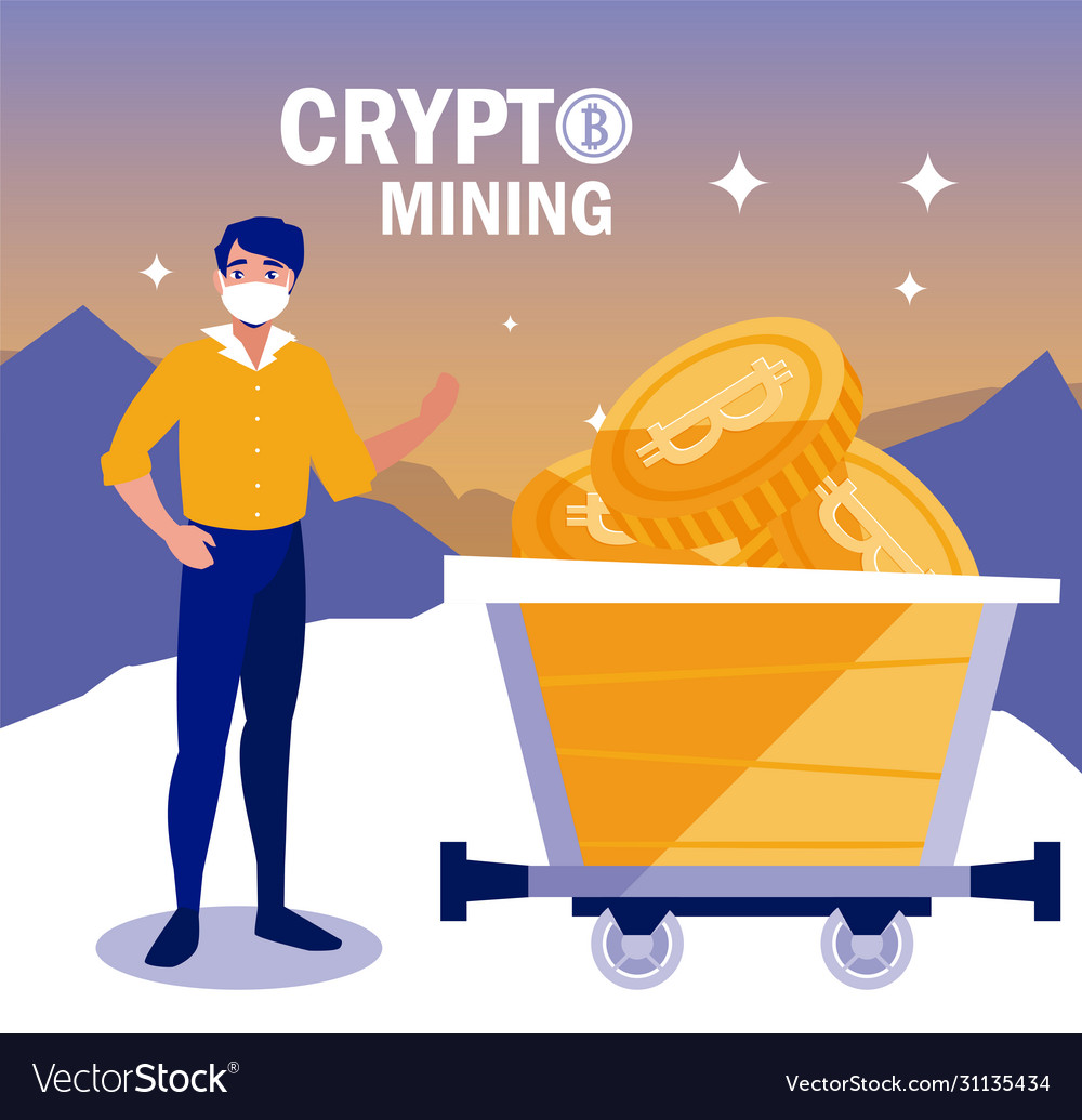 Man with mask and bitcoins inside cart