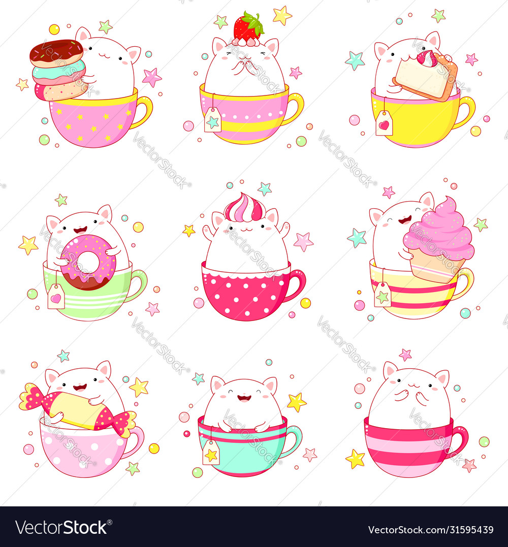 Set cute cat in tea cup