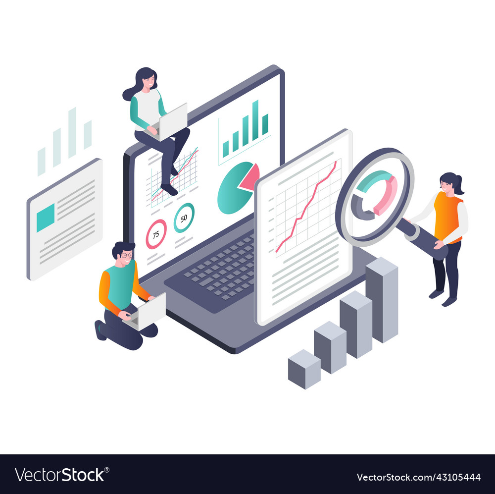 Konzept des isometrischen Teams das Analysedaten sammelt