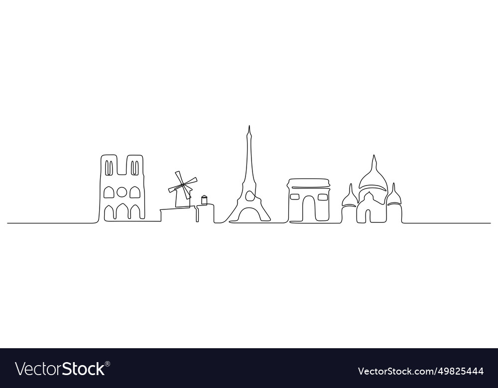 Continuous one line drawing of paris skyline