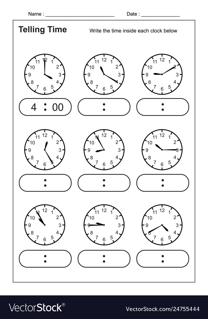 Telling time practice for kid Royalty Free Vector Image