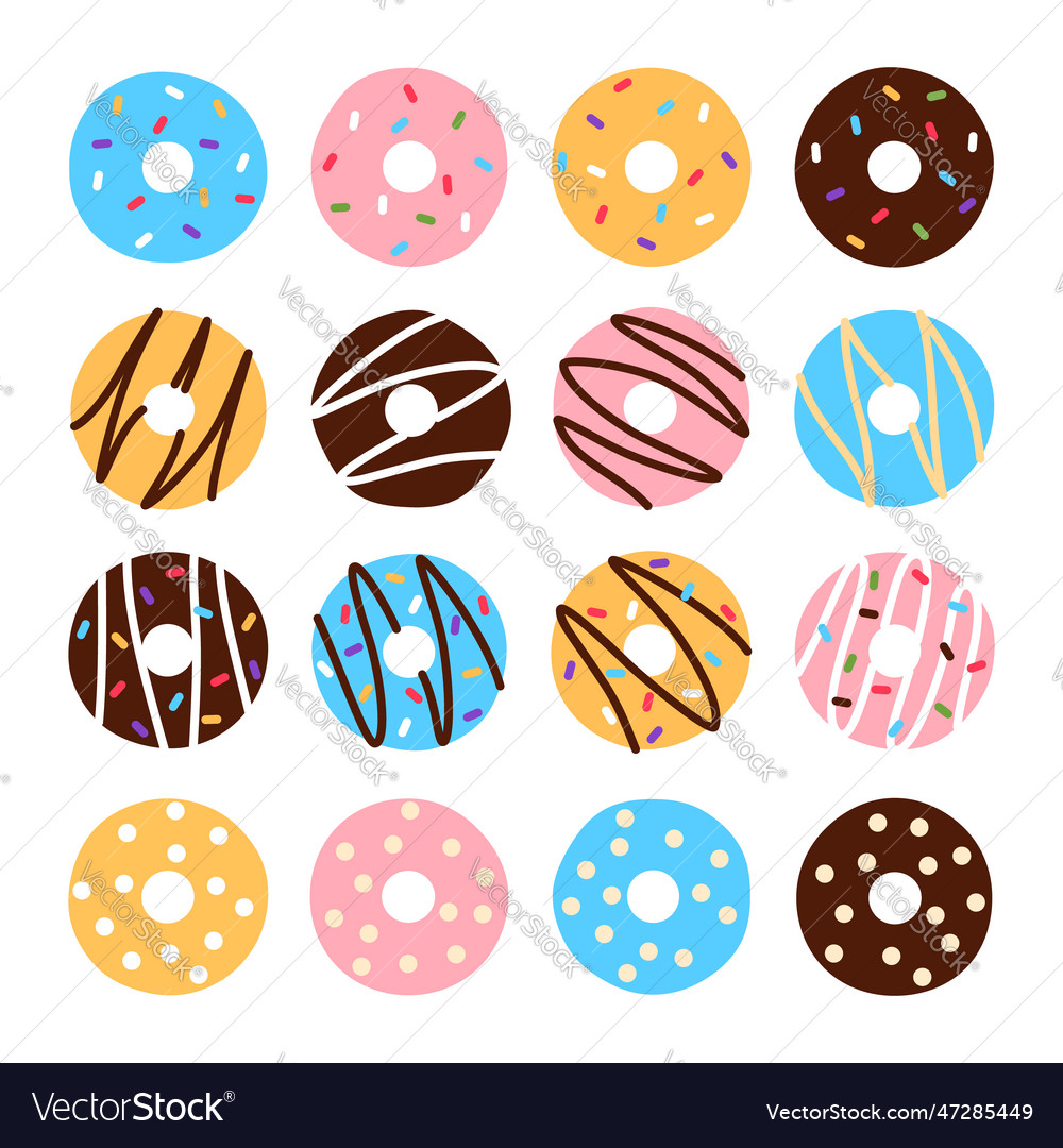 Colorful donuts set on white background