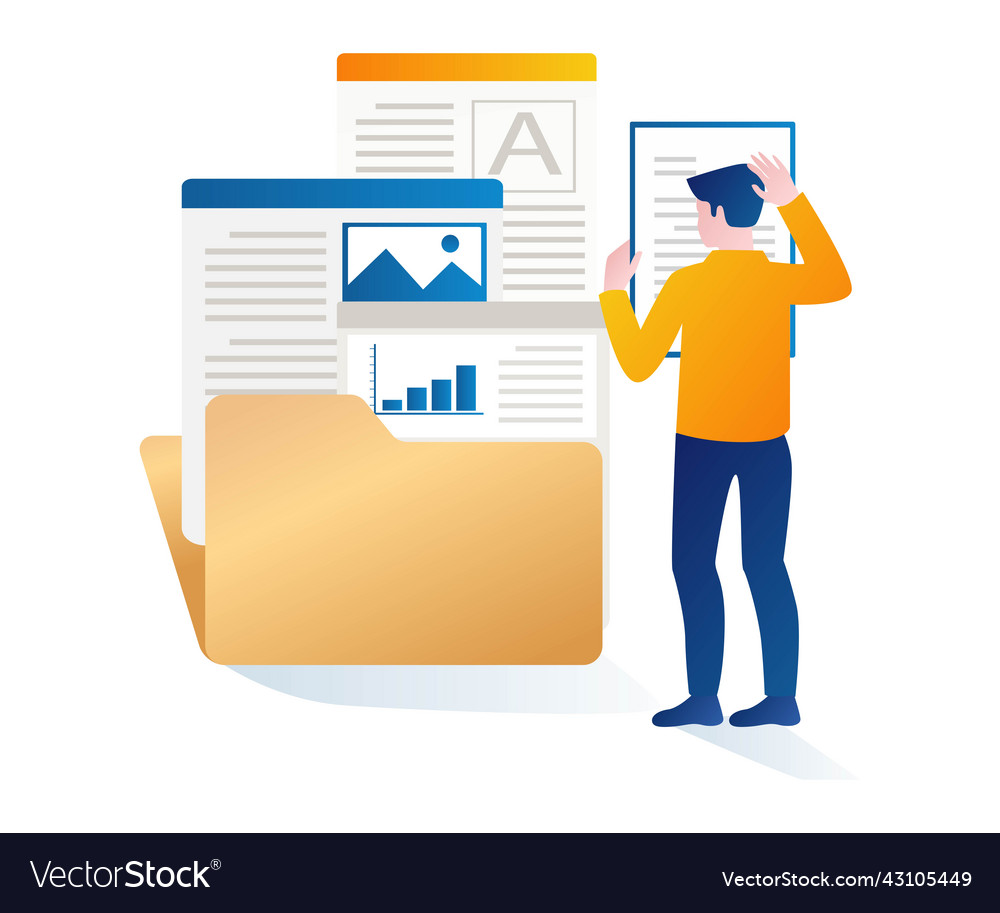 Confused man choosing data in folder vector image Confused man choosing data in folder