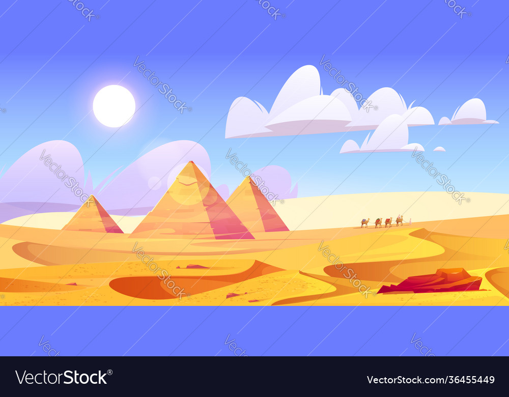 Egypt desert landscape with pyramids and camels Vector Image