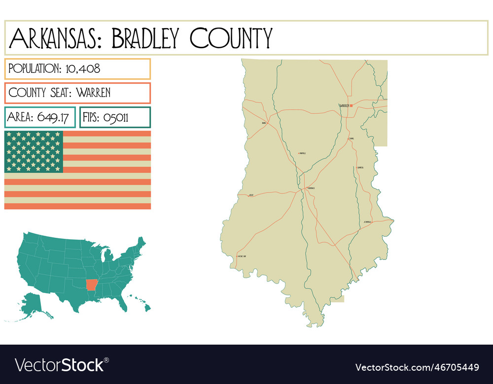 Map of bradley county in arkansas usa Royalty Free Vector