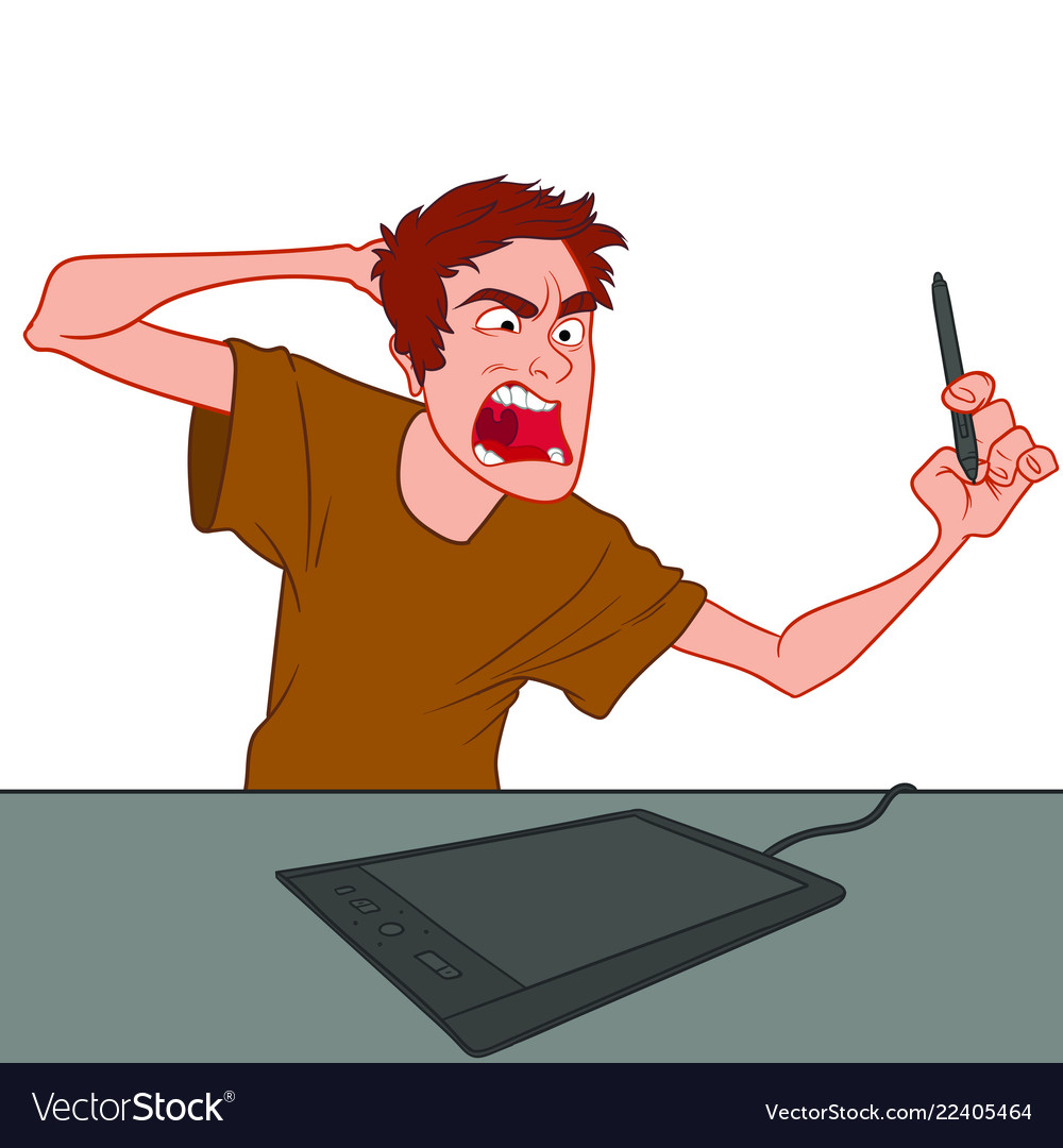 Angry artist screaming at graphics tablet vector image Angry artist screaming at graphics tablet