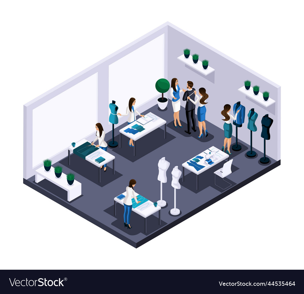 Isometric tailor room atelier process of sewing Vector Image