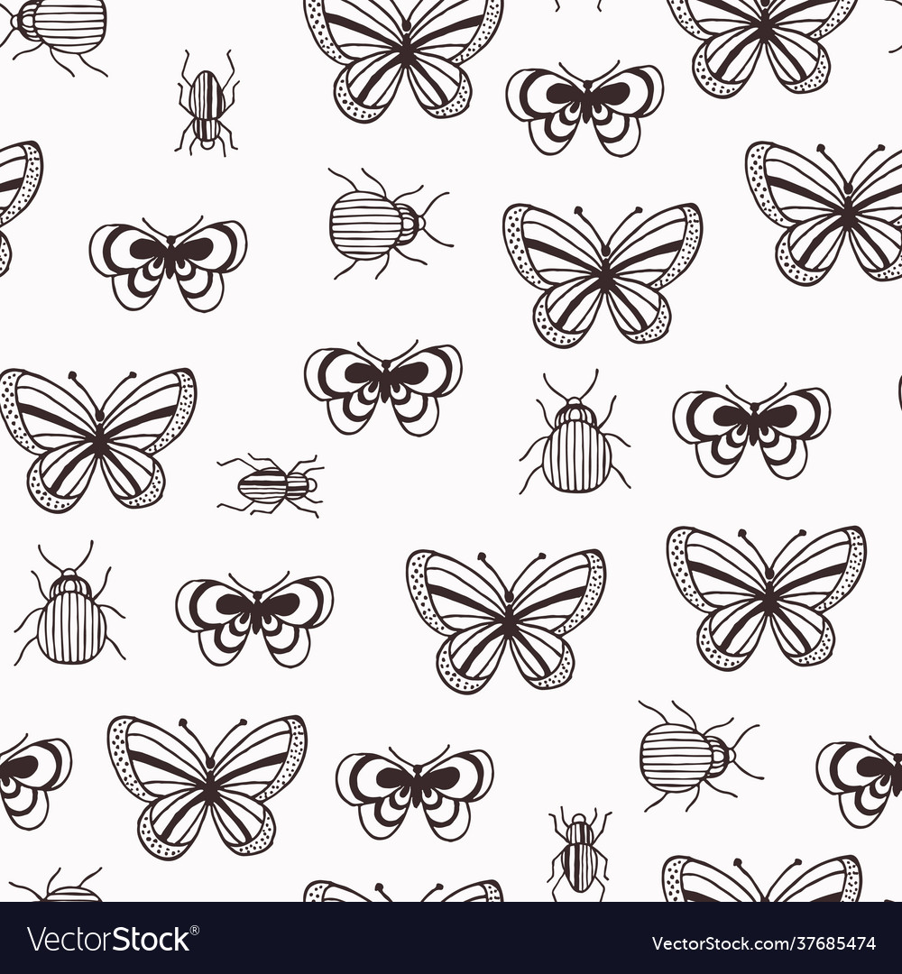 Bugs and butterflies seamless pattern linear vector image Bugs and butterflies seamless pattern linear