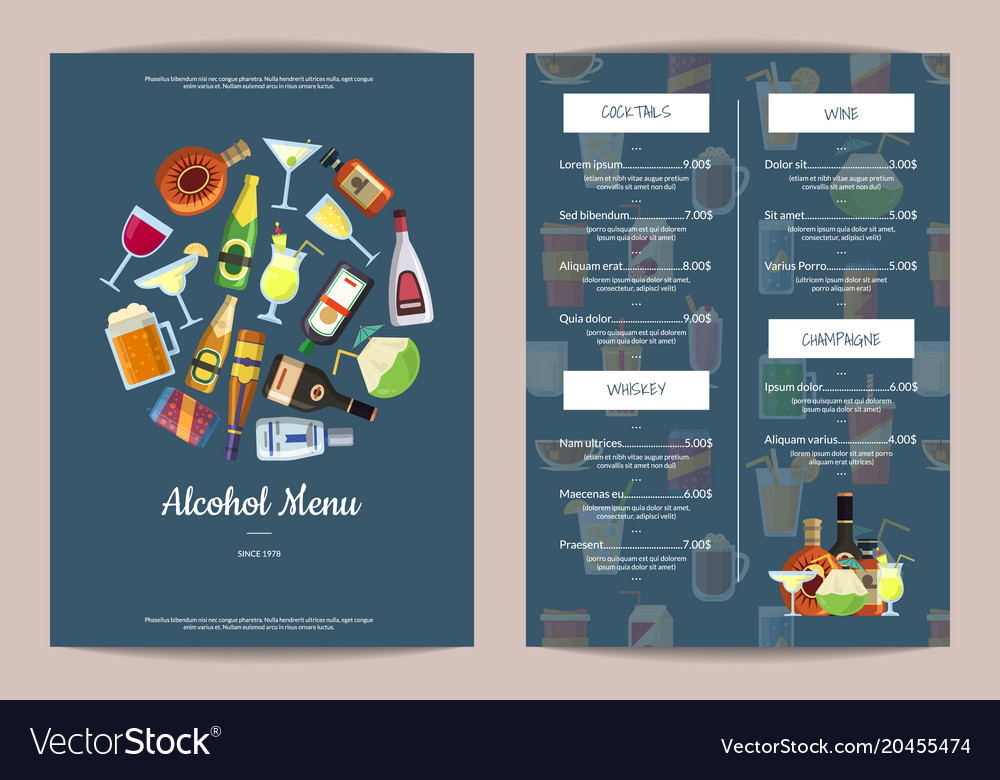 menu template with alcoholic drinks in royalty free vector alcohol menu template