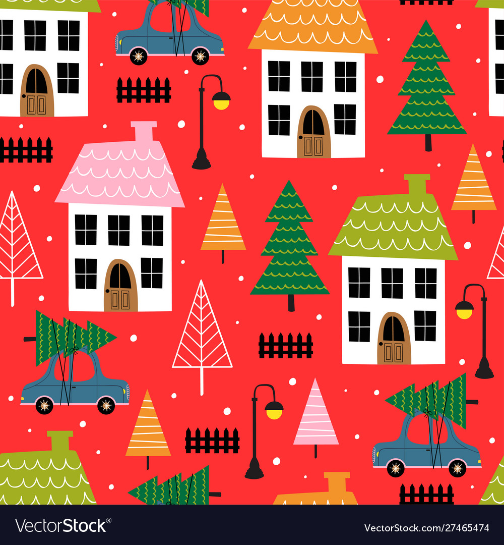 Seamless pattern with small town in winter time