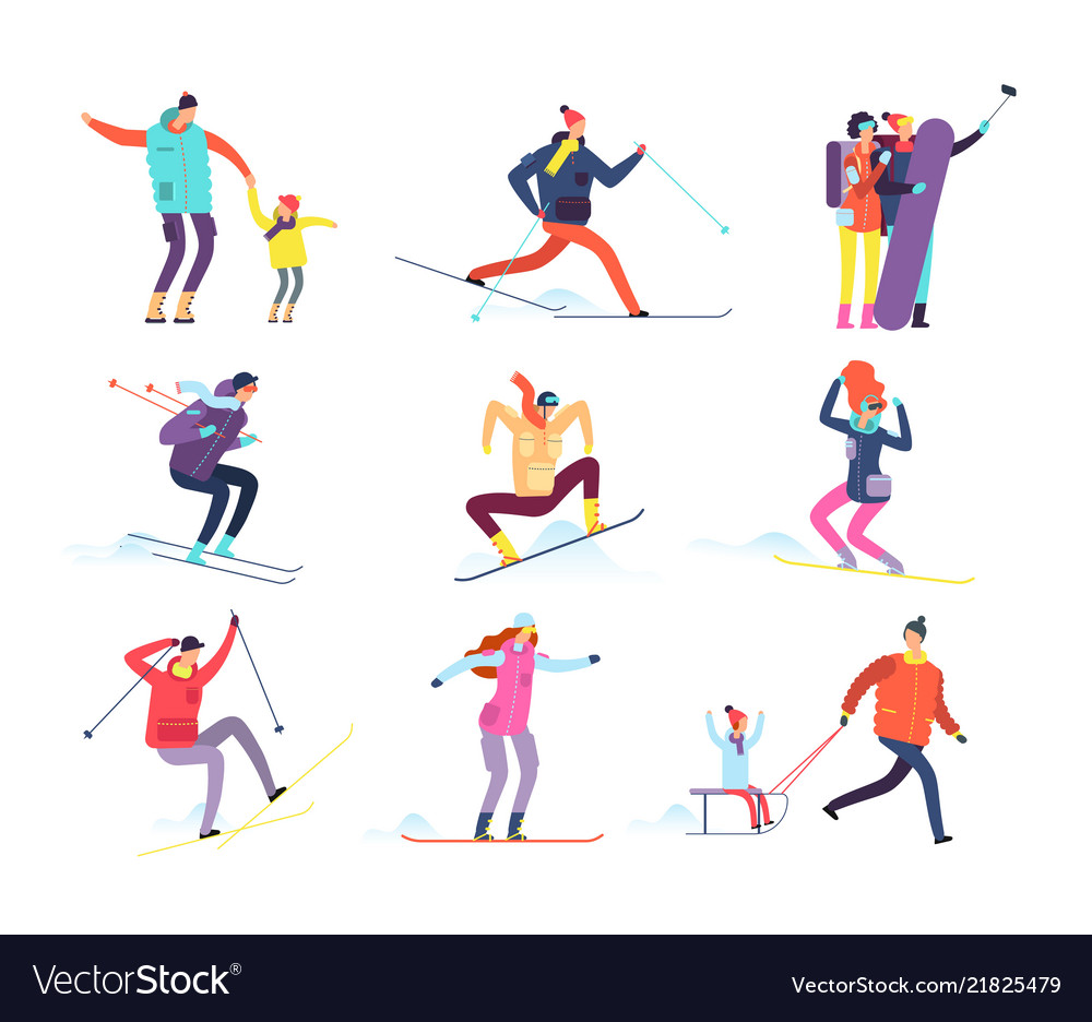 Winter sports people adult and children in Vector Image