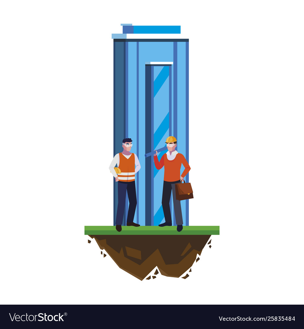 Architect builder with constructor workers