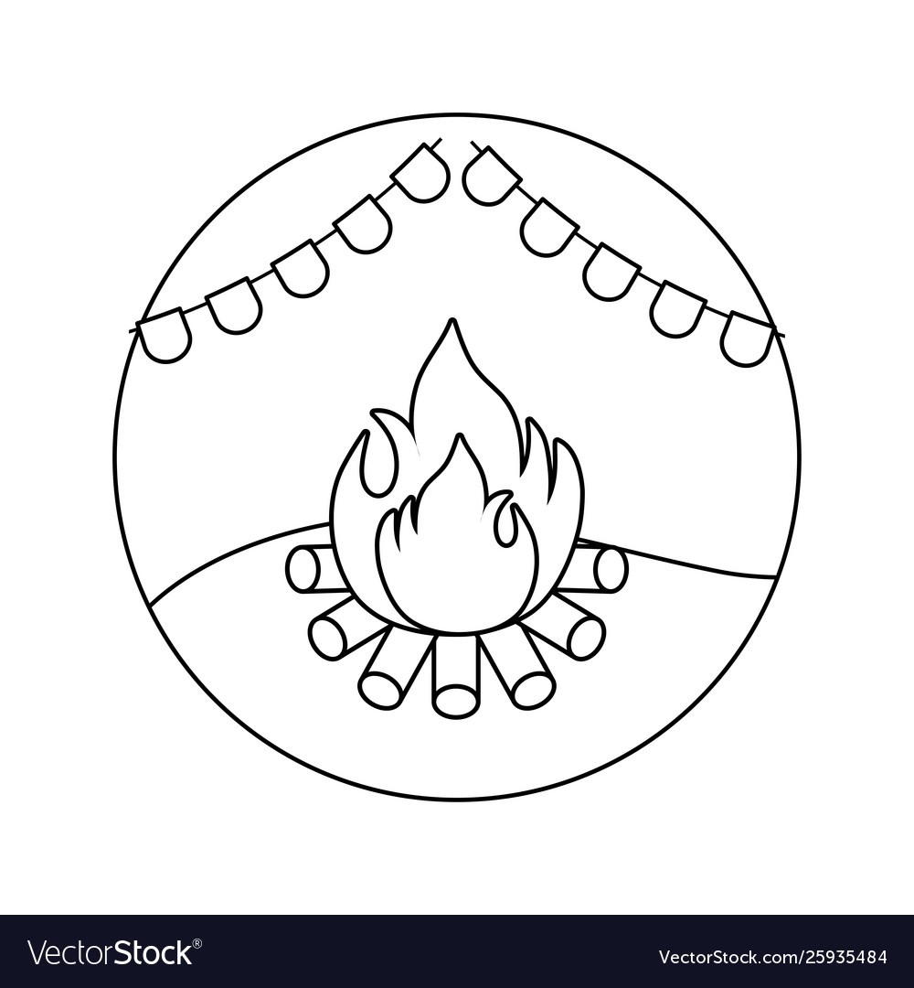 Campfire flame with garlands in frame circular