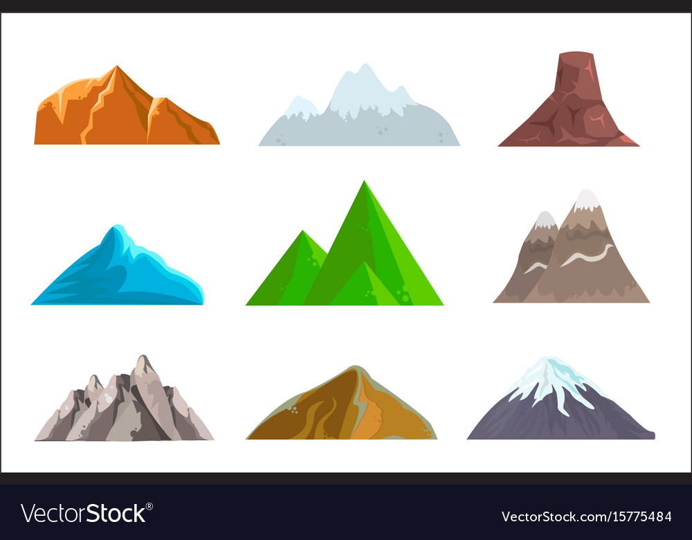 Cartoon hills and mountains set isolated