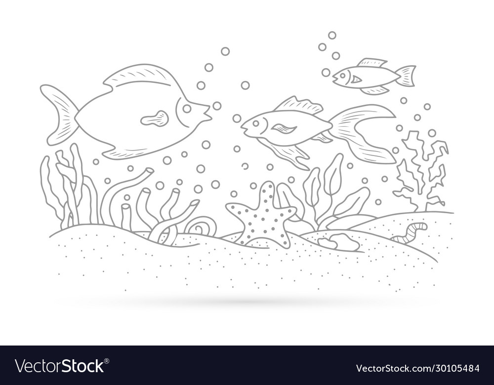 Outline underwater grass with fish seaweed