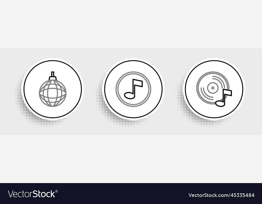 Set line vinyl disk disco ball and music note vector image Set line vinyl disk disco ball and music note