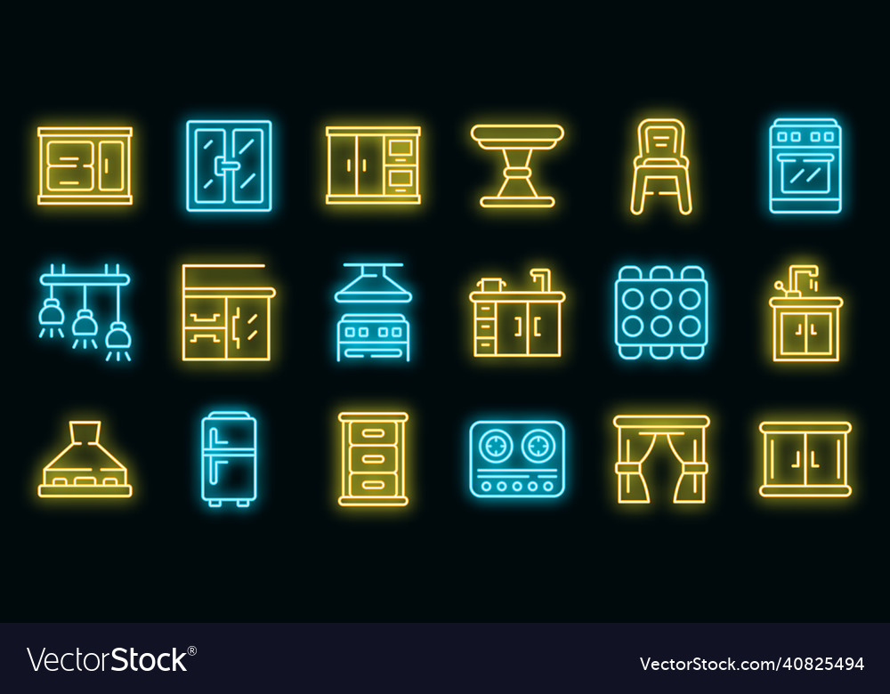 Kitchen furniture icons set neon