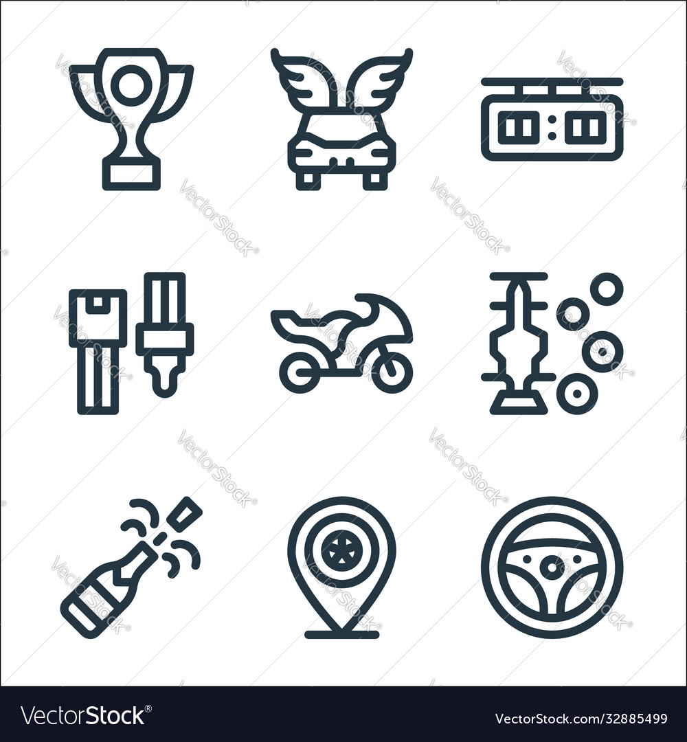 Auto racing line icons linear set quality vector image Auto racing line icons linear set quality