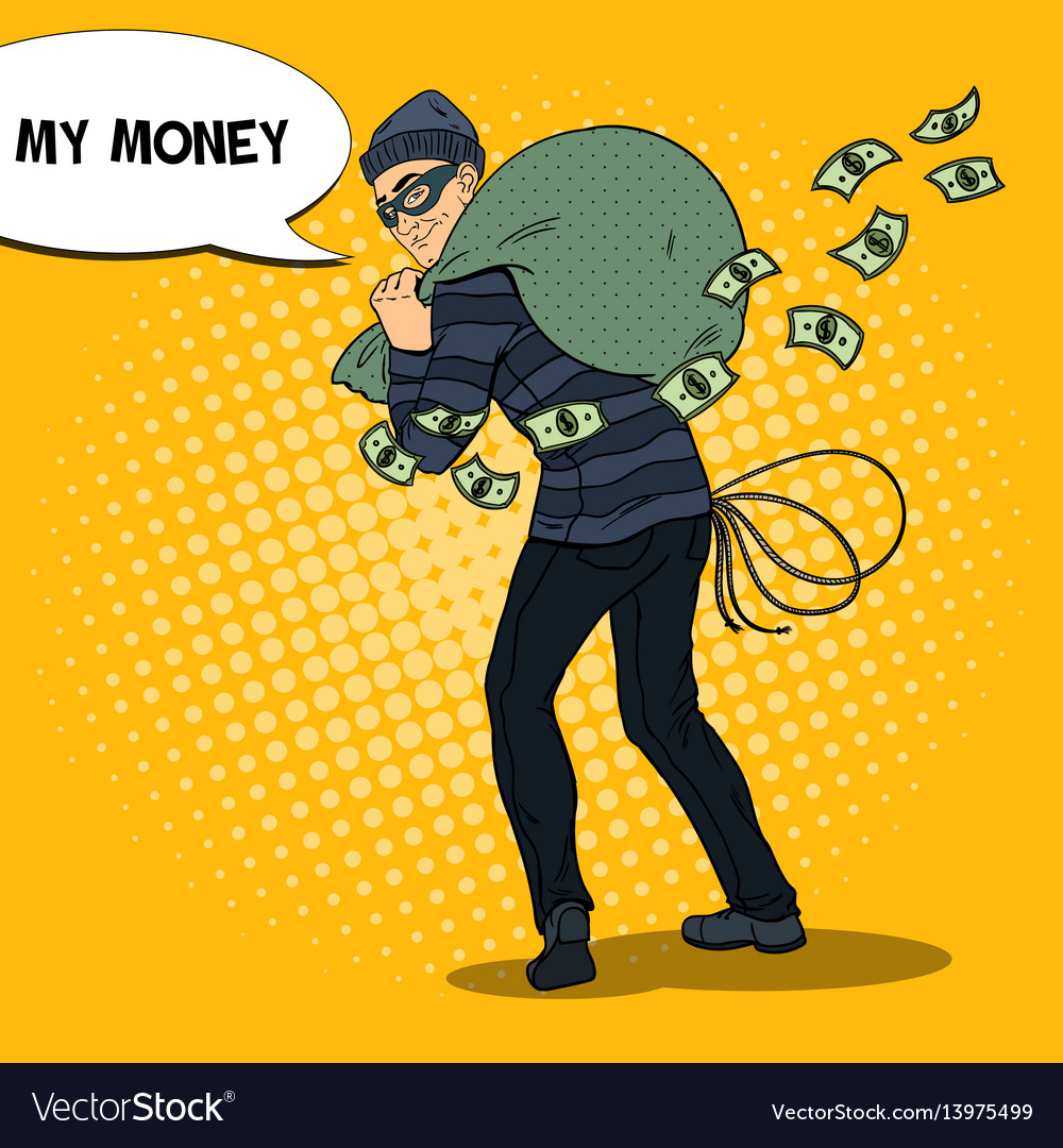 Pop art thief in black mask stealing money Vector Image