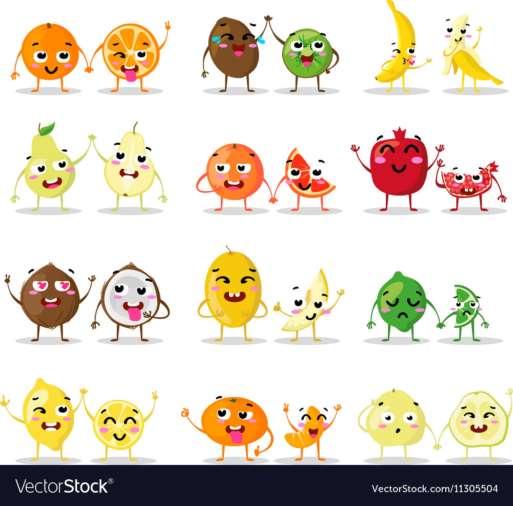 Funny cartoon fruit characters isolated big cute