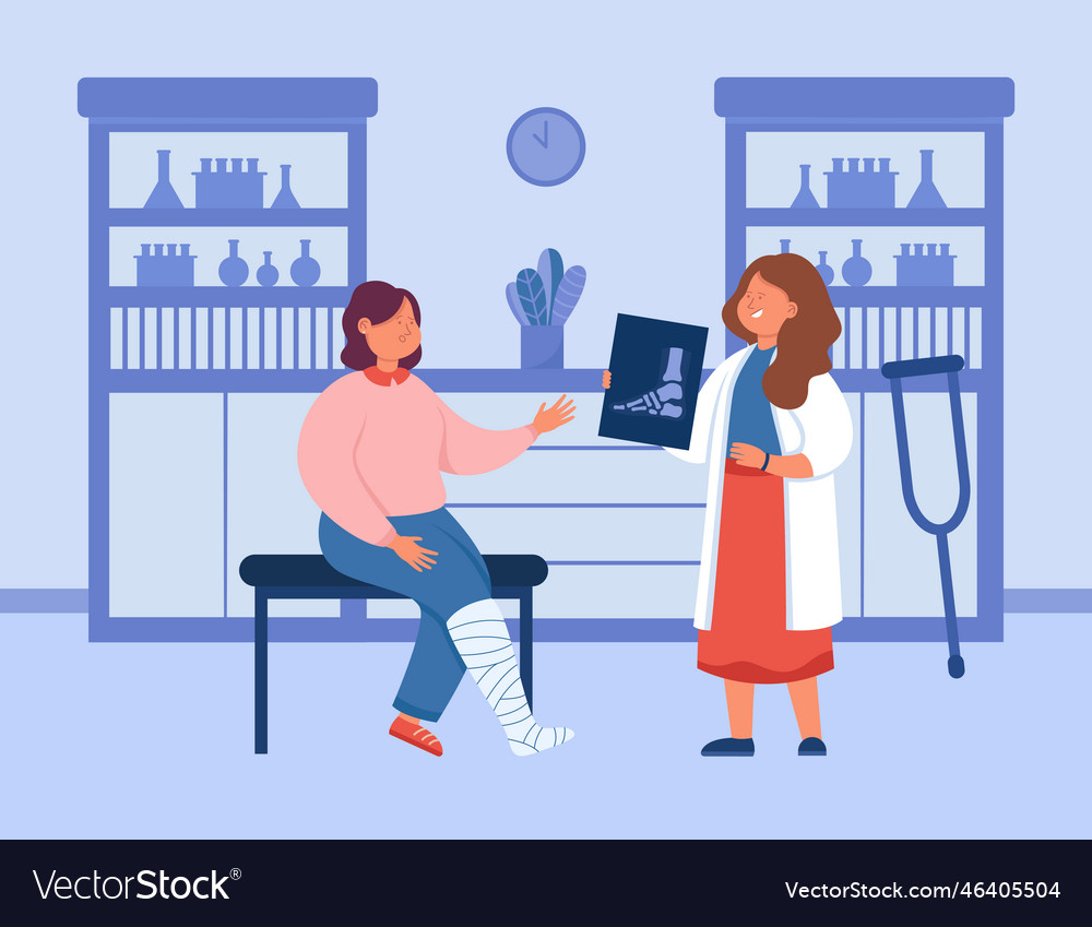 Girl with leg cast visiting doctor flat Royalty Free Vector