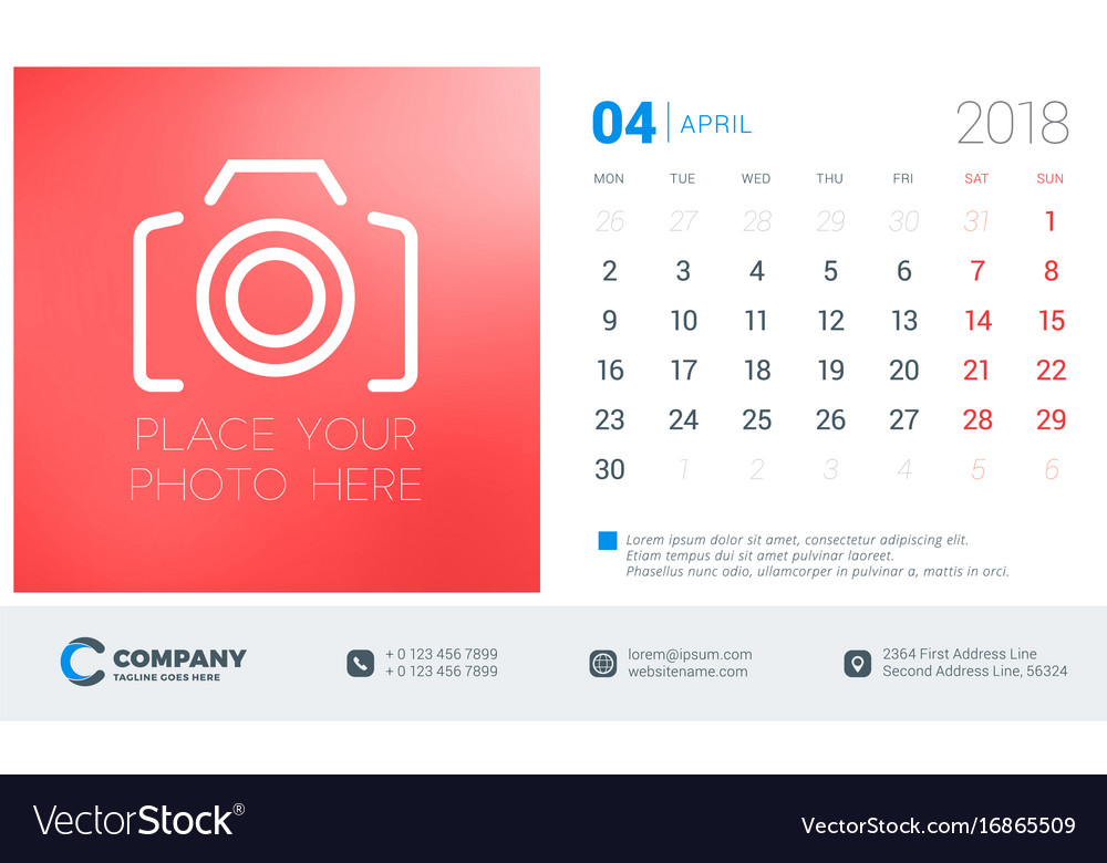 April 2018 desk calendar design template