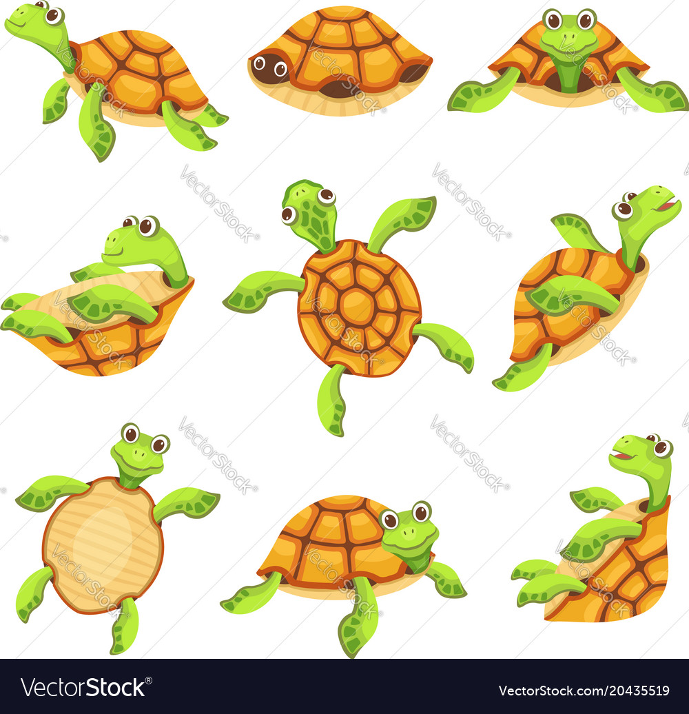 Happy turtle icons set cartoon style Royalty Free Vector