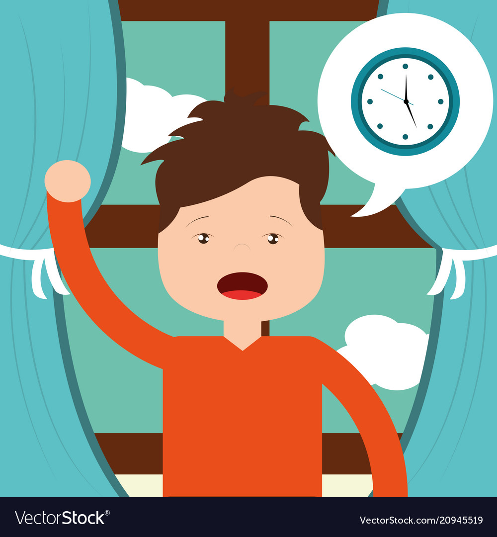 Little boy wake up clock and window background vector image Little boy wake up clock and window background