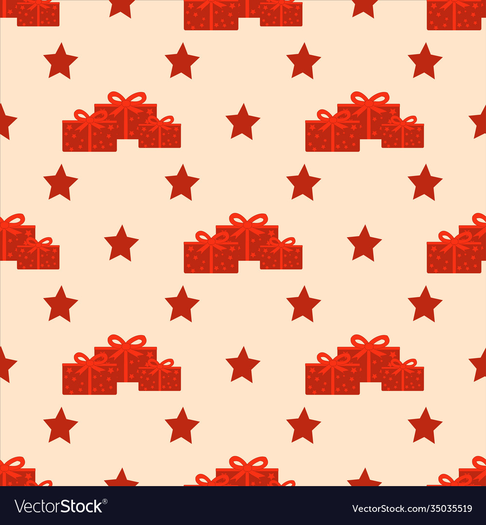 Seamless pattern with gift boxes and stars in red