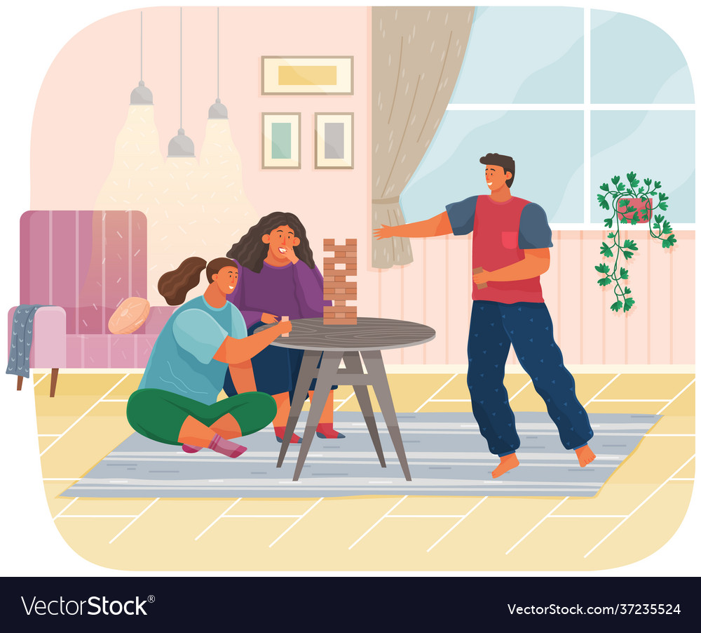 Cheerful family plays tower game people Royalty Free Vector