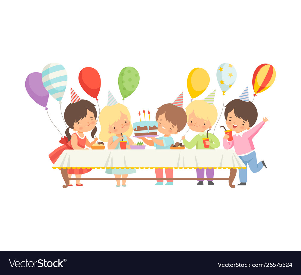 Cute boys and girls in party hats sitting vector image Cute boys and girls in party hats sitting