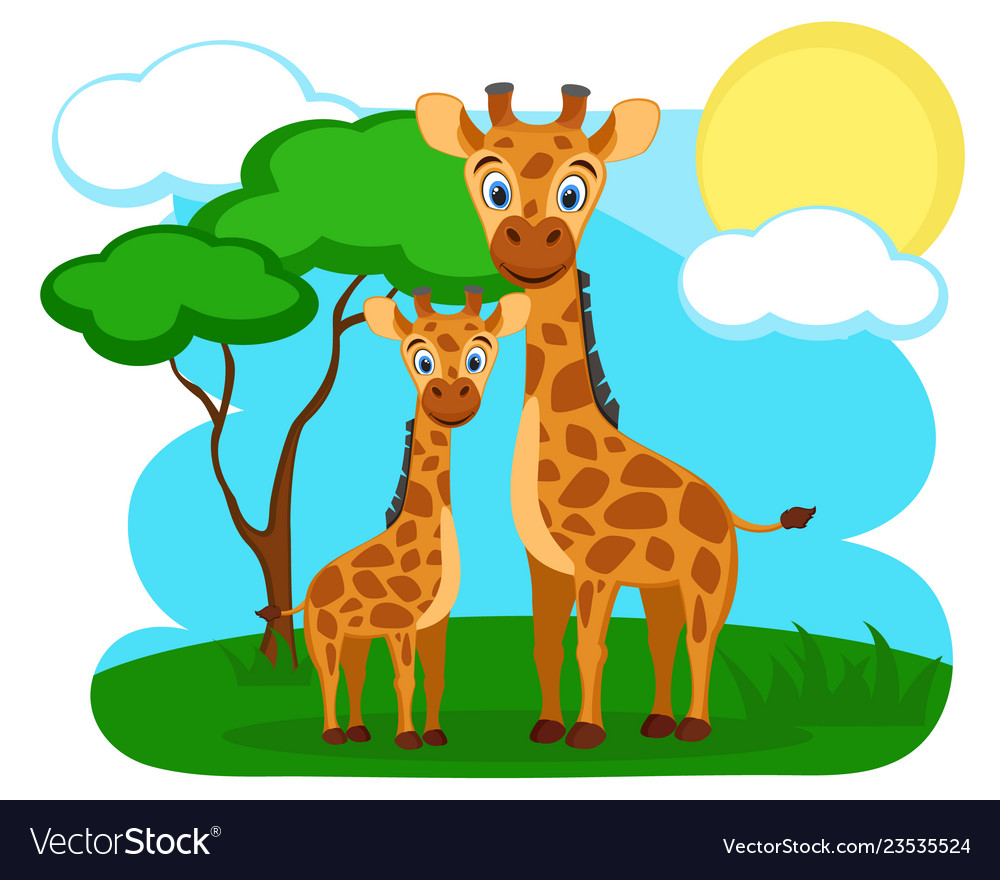 Giraffe and his child are in nature near african