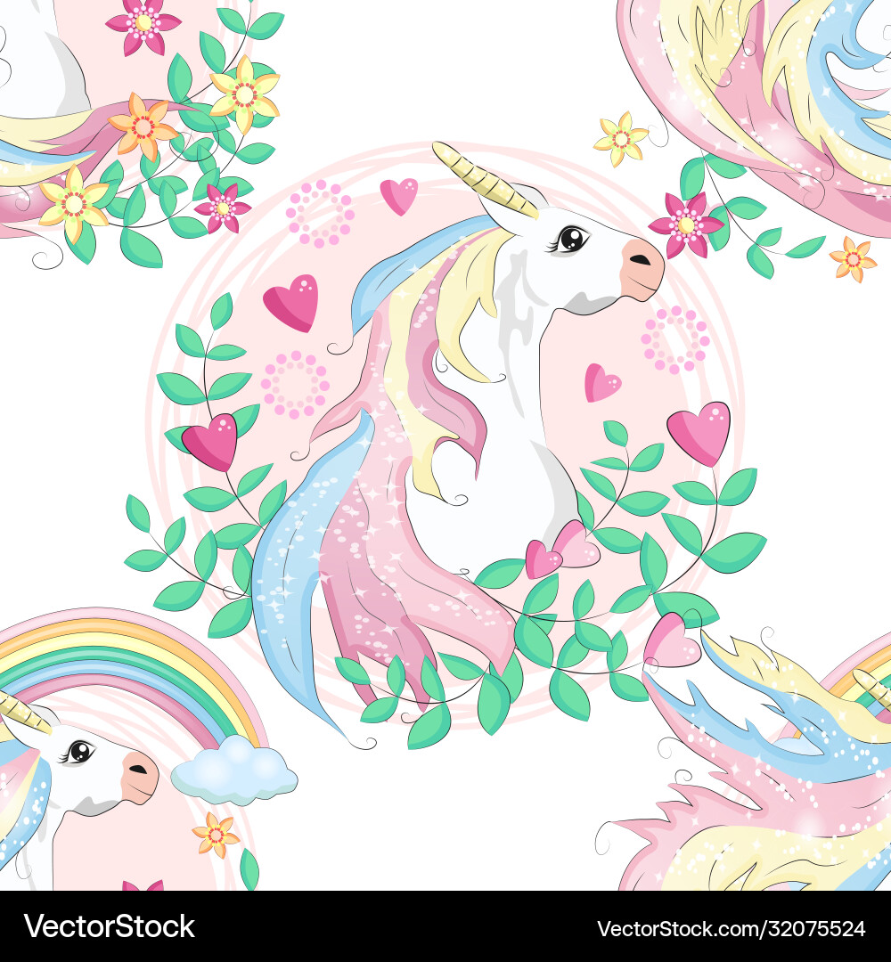 Pattern with cute unicorns cloudsrainbow Vector Image