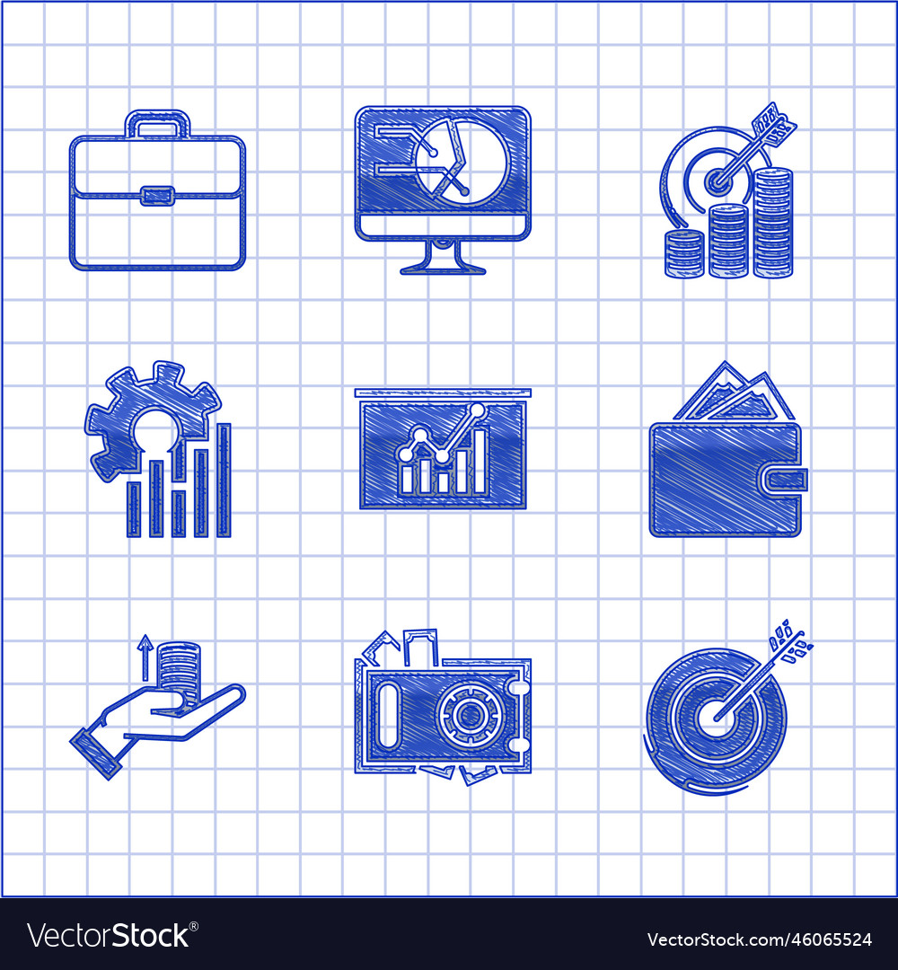 Set board with graph chart safe and money target vector image Set board with graph chart safe and money target