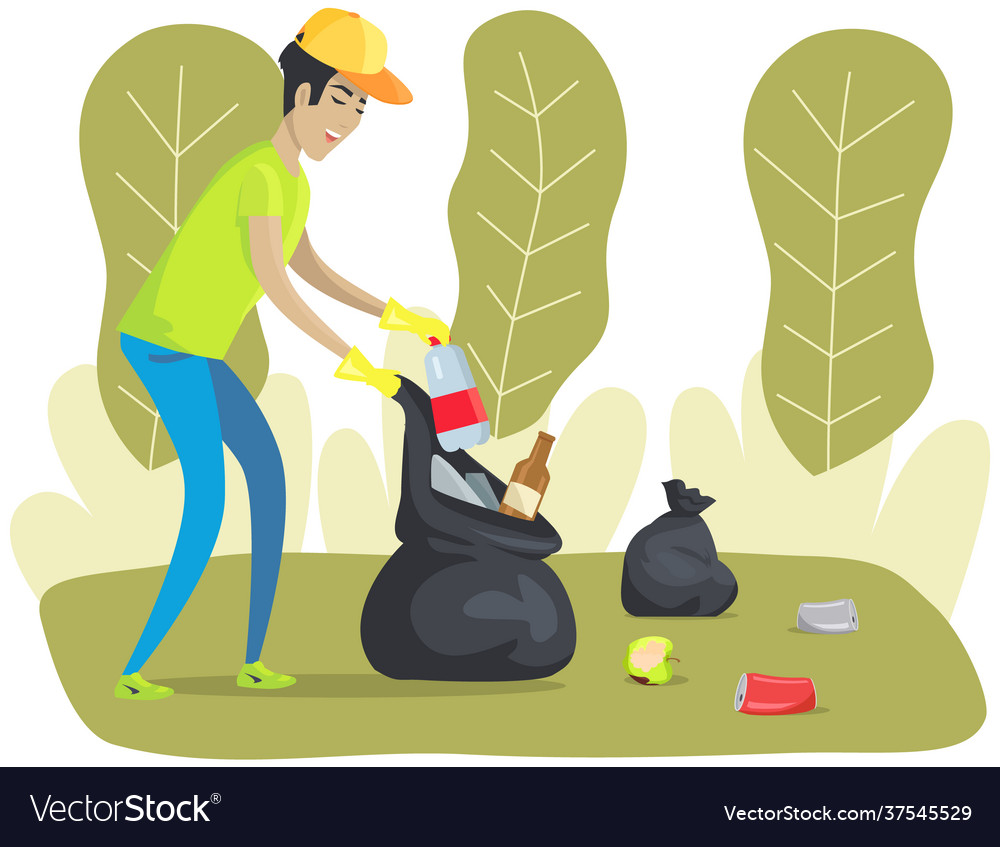 Male character cleans up garbage in green park