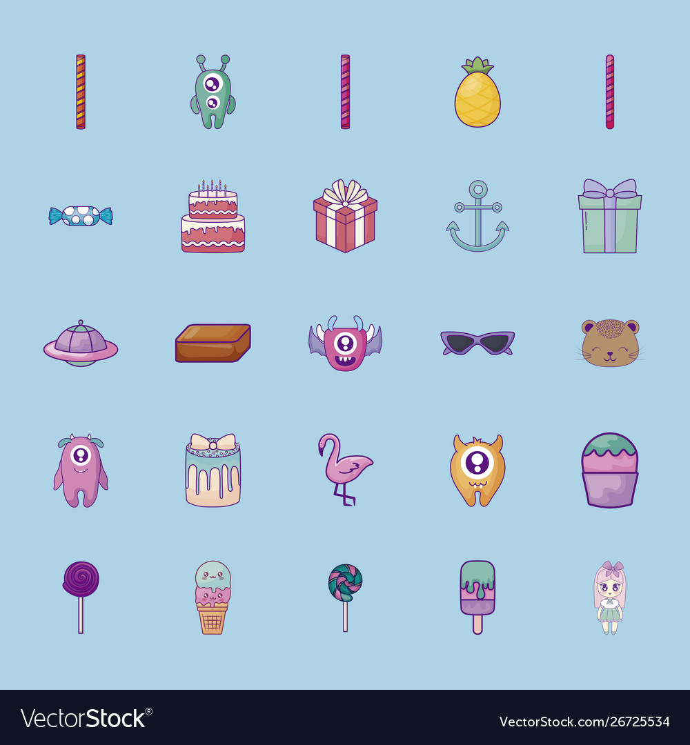 Cute set icons style kawaii Royalty Free Vector Image