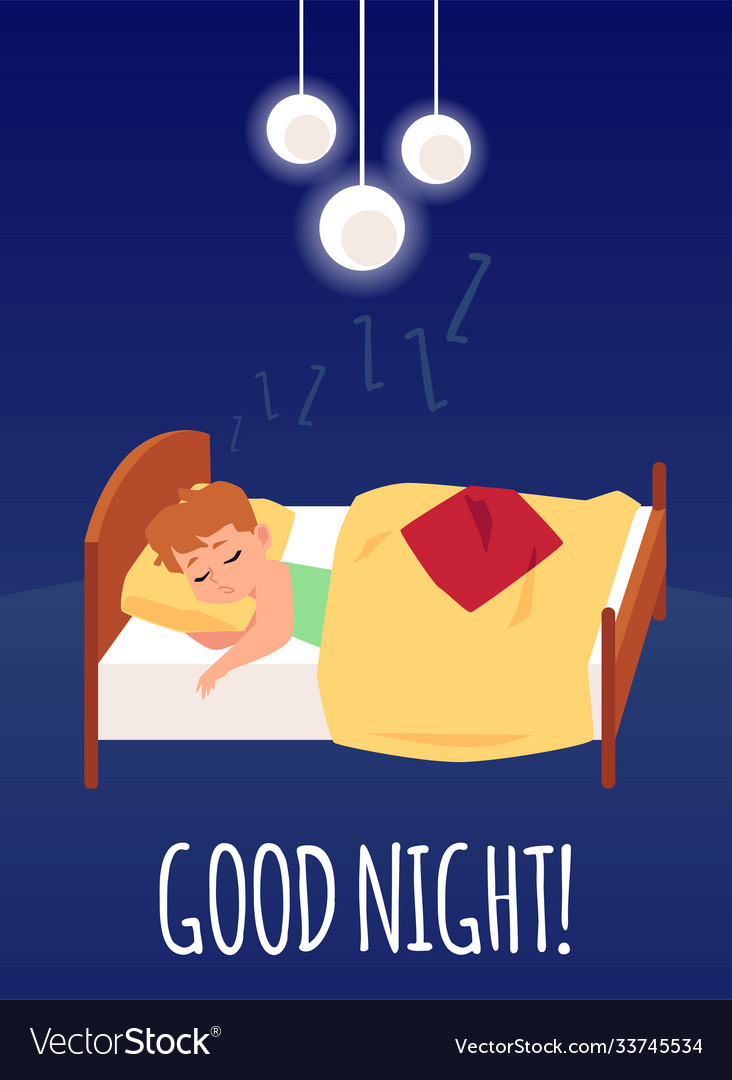 Good night card with boy sleeping in bed flat Vector Image