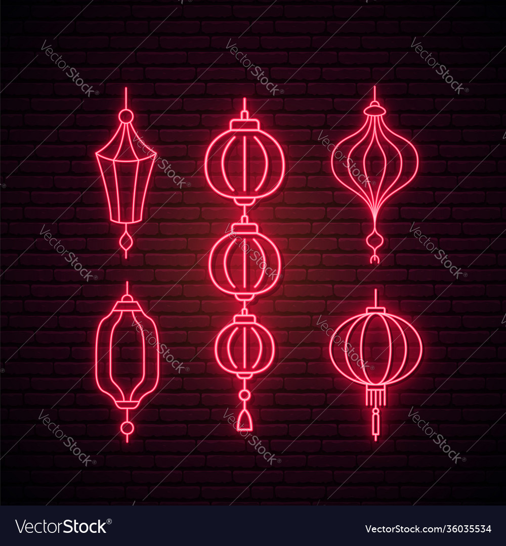 Neon chinese lanterns set on brick background