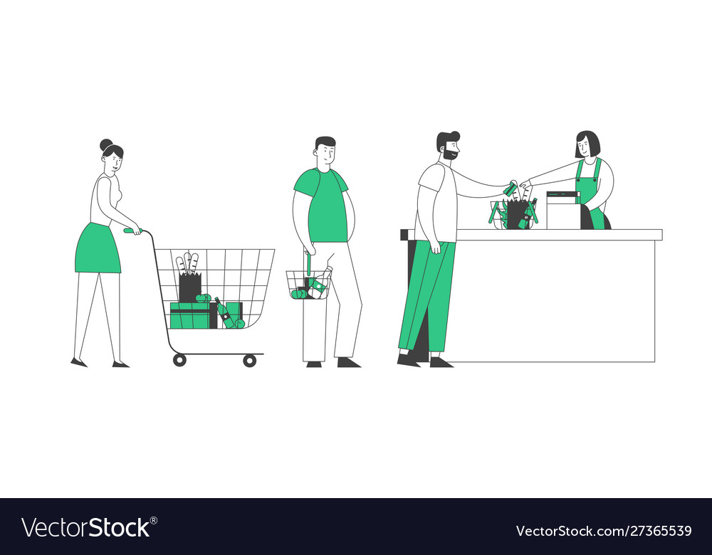 Shopping queue in supermarket customer characters vector image Shopping queue in supermarket customer characters