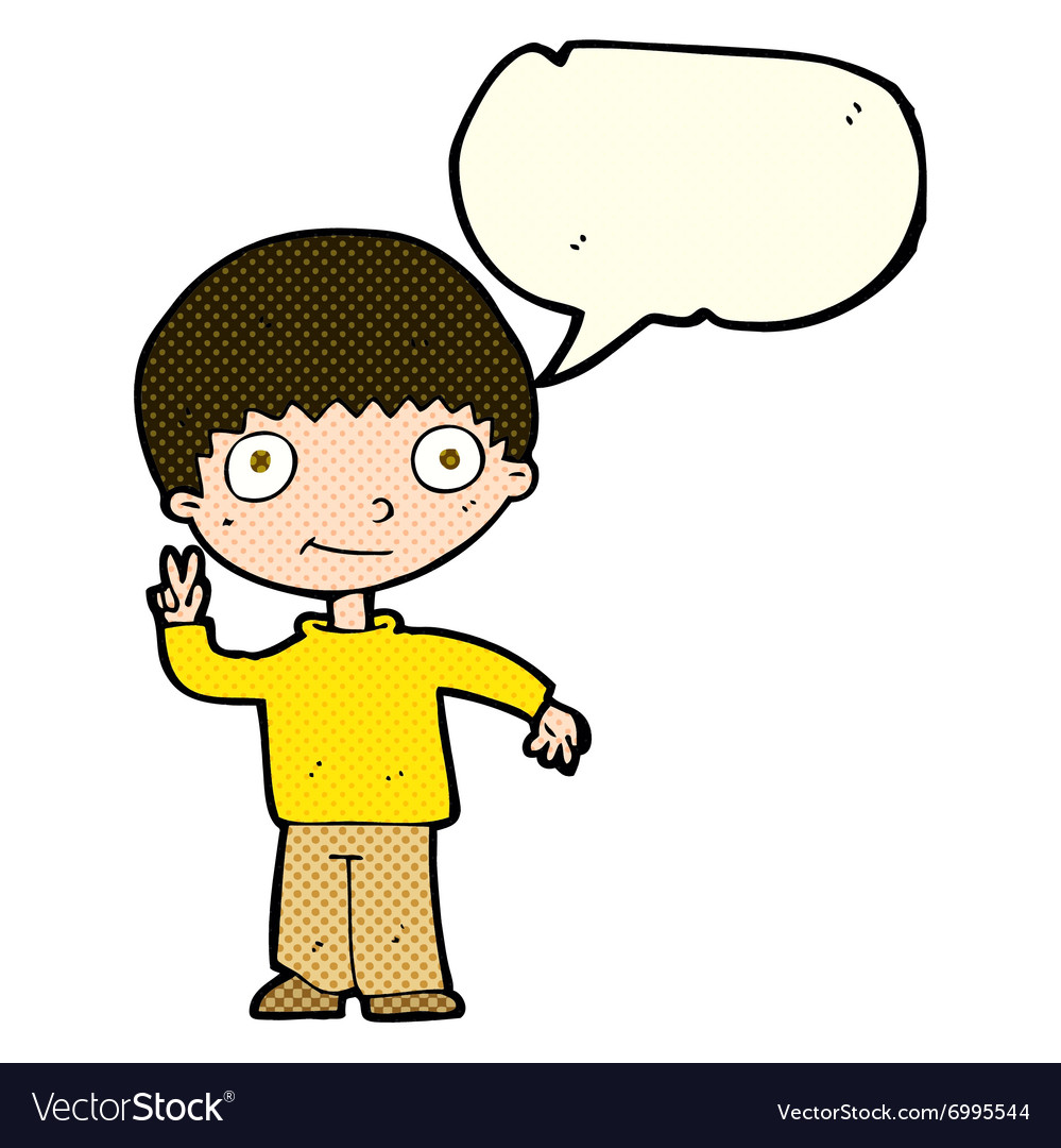 Cartoon boy giving peace sign with speech bubble Vector Image