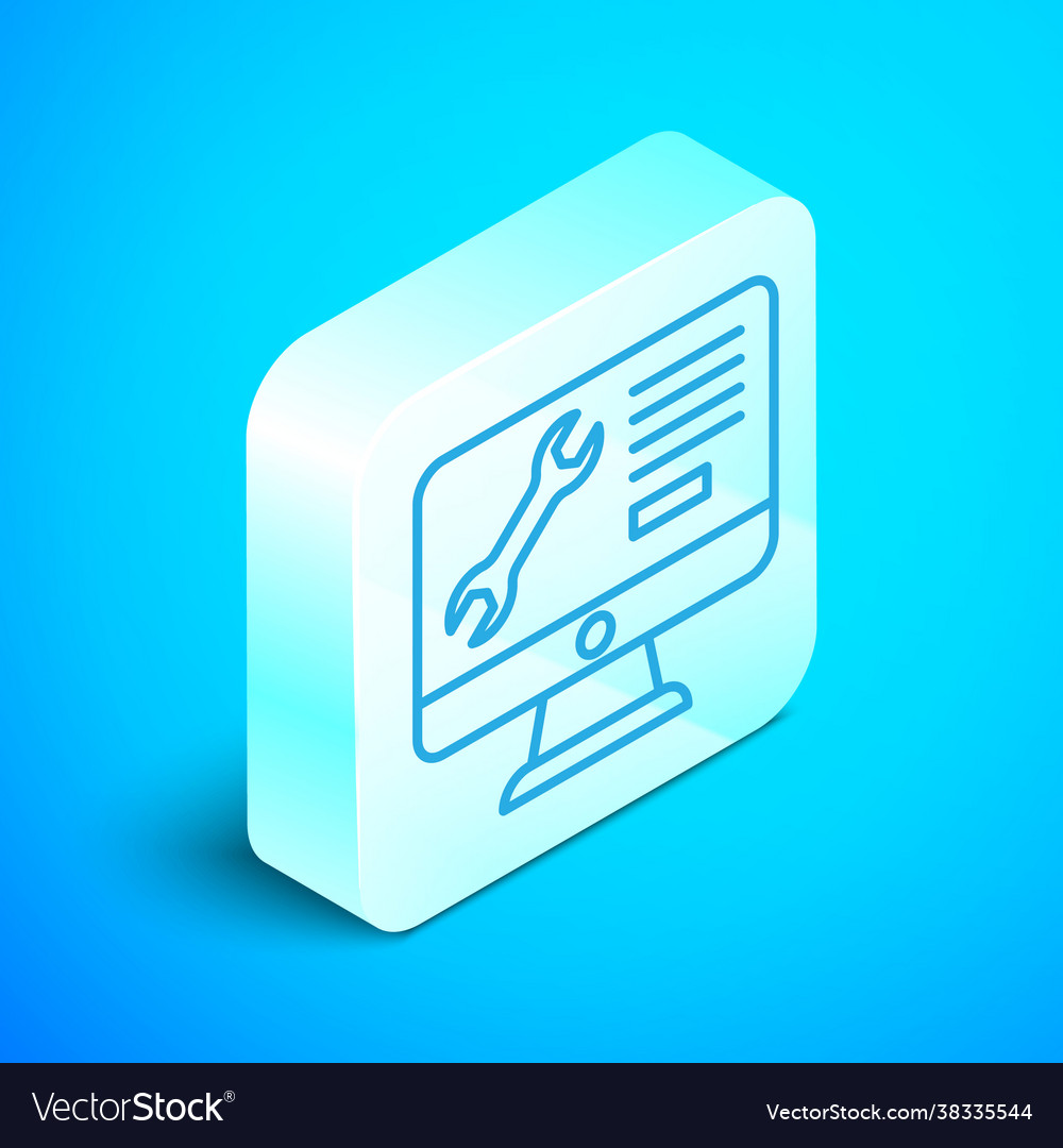 Isometric line computer monitor with wrench icon vector image Isometric line computer monitor with wrench icon