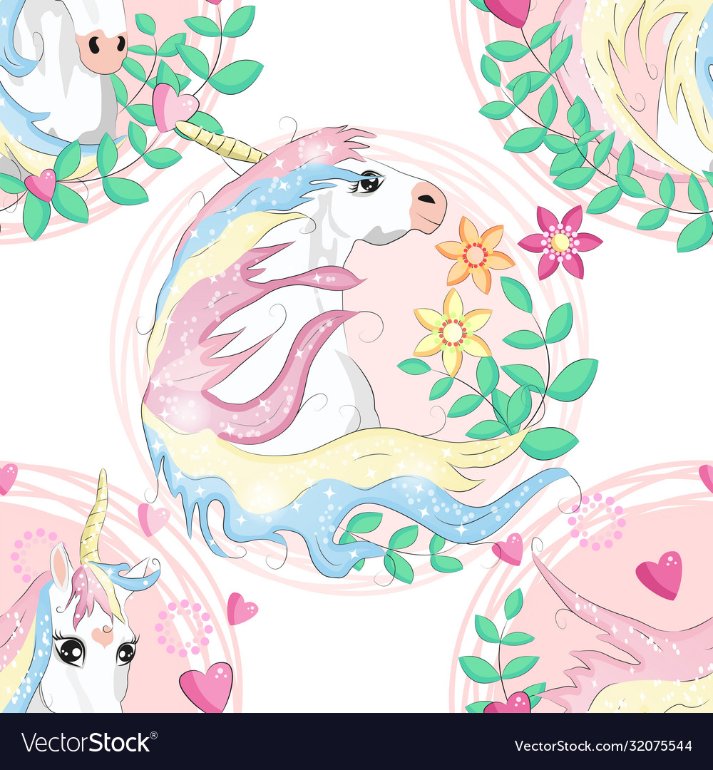 Pattern with cute unicorns cloudsrainbow