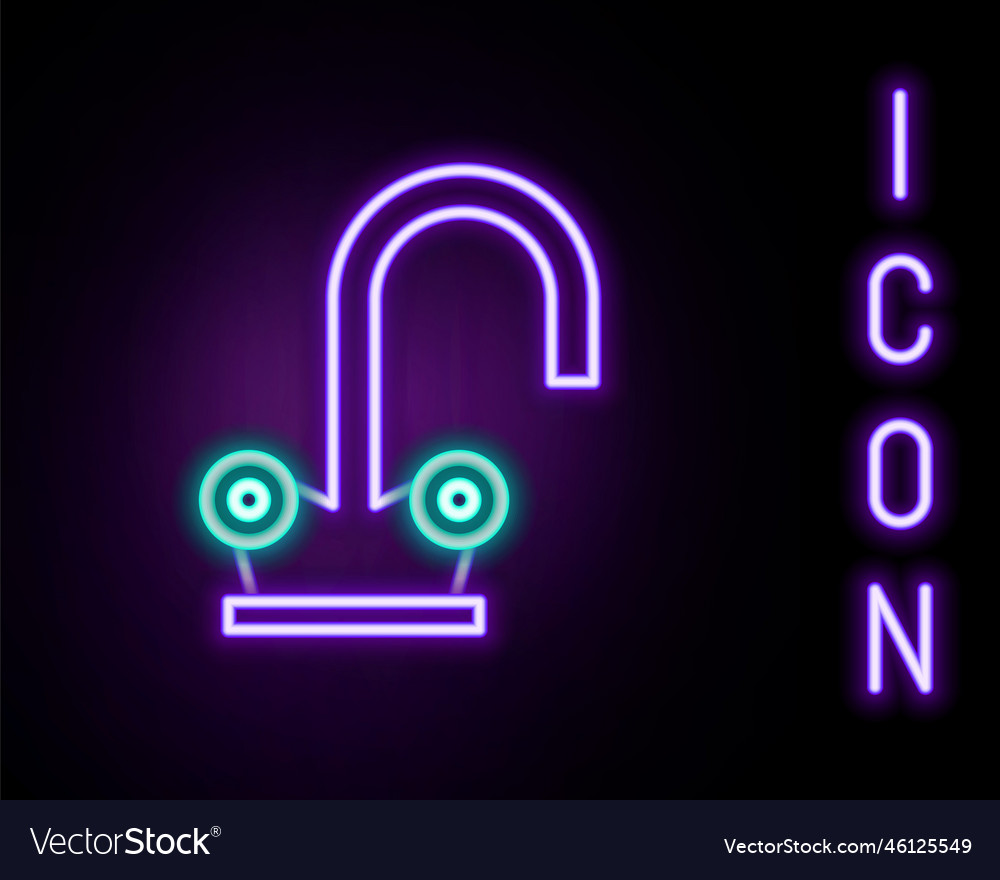 Glowing neon line water tap icon isolated on black