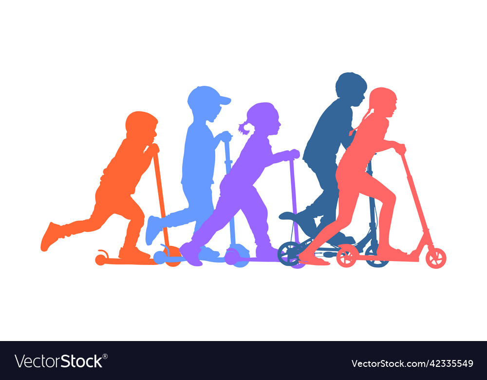 Group of children riding scooter silhouette