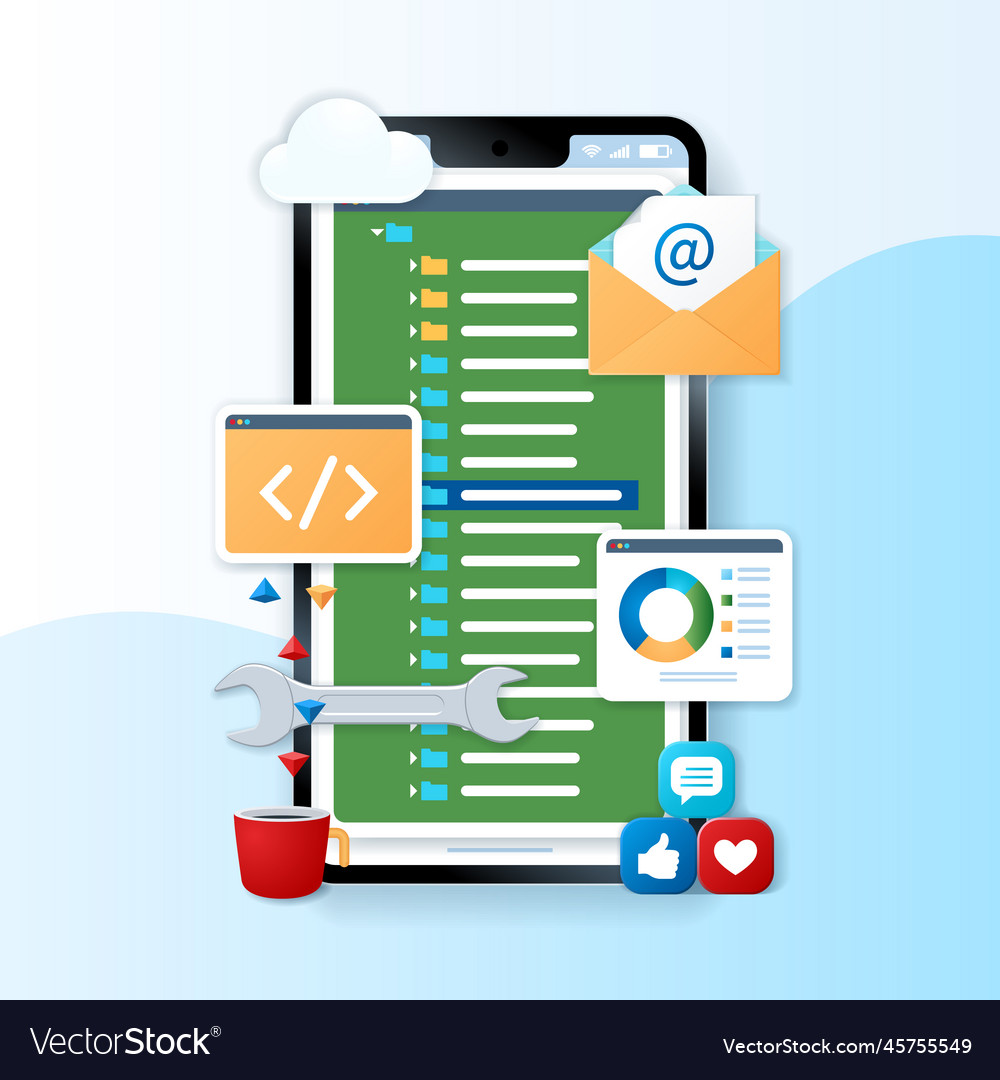 Mobile app development in 3d style Royalty Free Vector Image